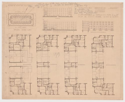 Plans, site plan, elevations and sectional elevation for Block 9, Spangen Housing Estate, Rotterdam, Netherlands