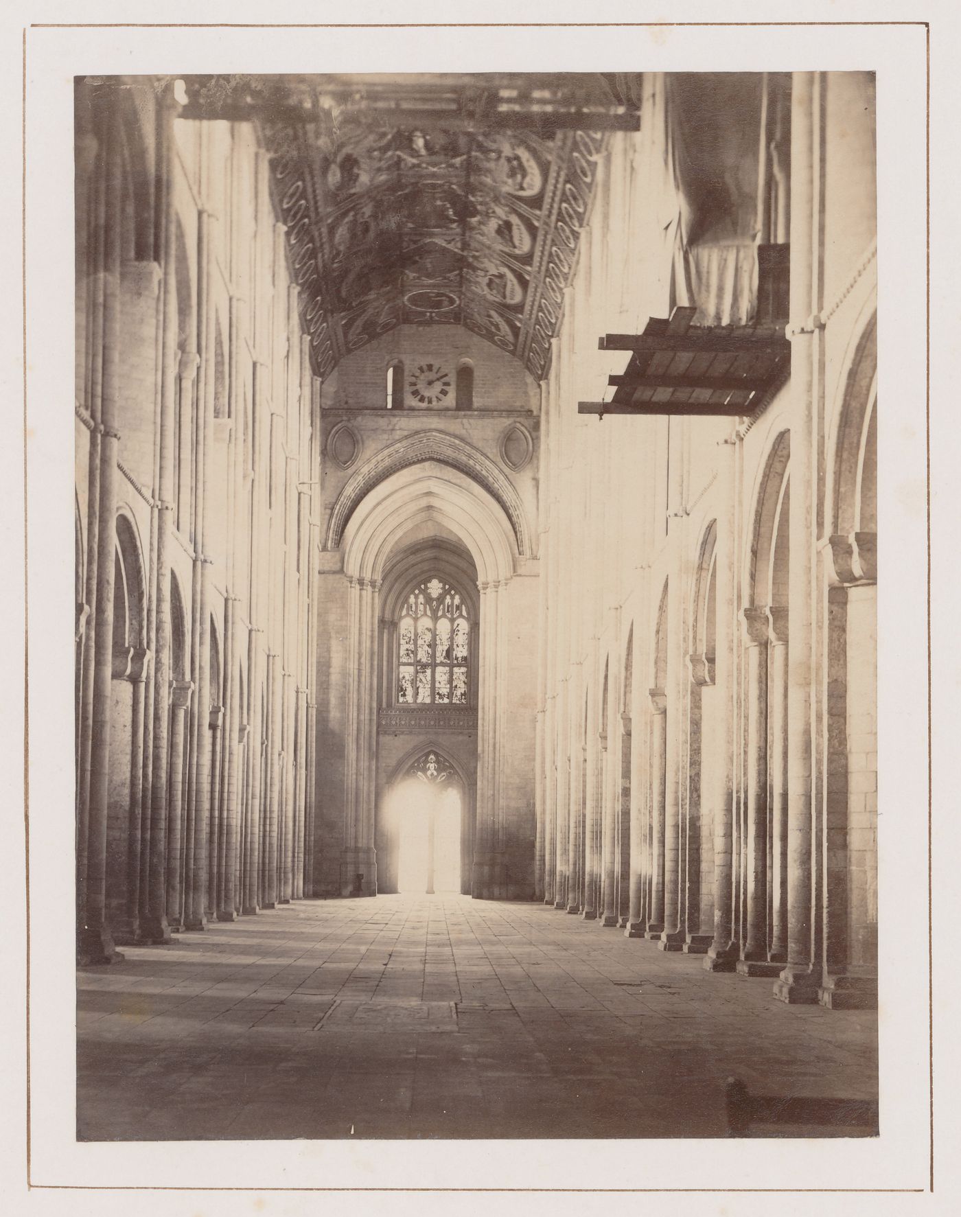 Interior view of nave from east, with scaffolding protruding from triforium arcade at right, Ely, England