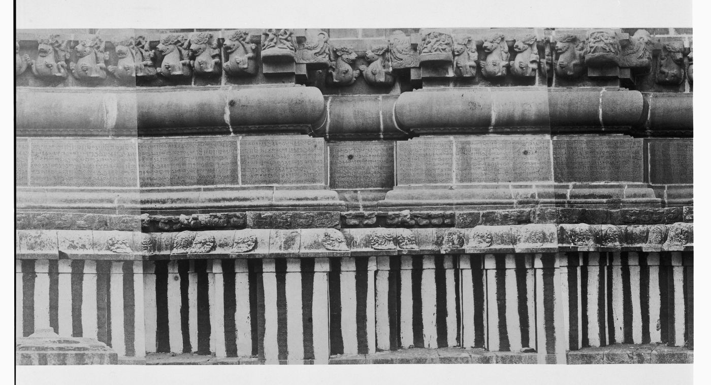 Partial view of the inscription panel at the base of the bimanum [sanctuary], Pirakatisvarar Tirukkoyil (also known as the Brihadisvara or Rajarajesvara Temple), Tanjore (now Thanjuvar), India
