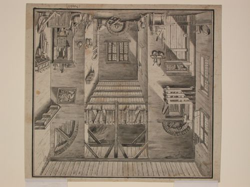 Design for a stage set: the interior of a rustic cottage or barn.