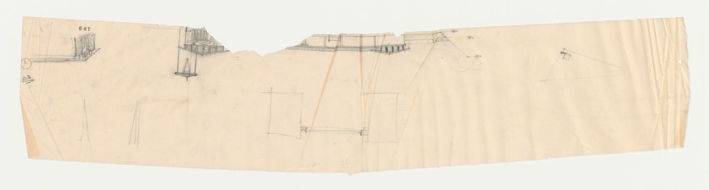 Wayfarers' Chapel, Palos Verdes, California: Partial entrance elevation and partial perspective for the Spanish Colonial design, with other sketches