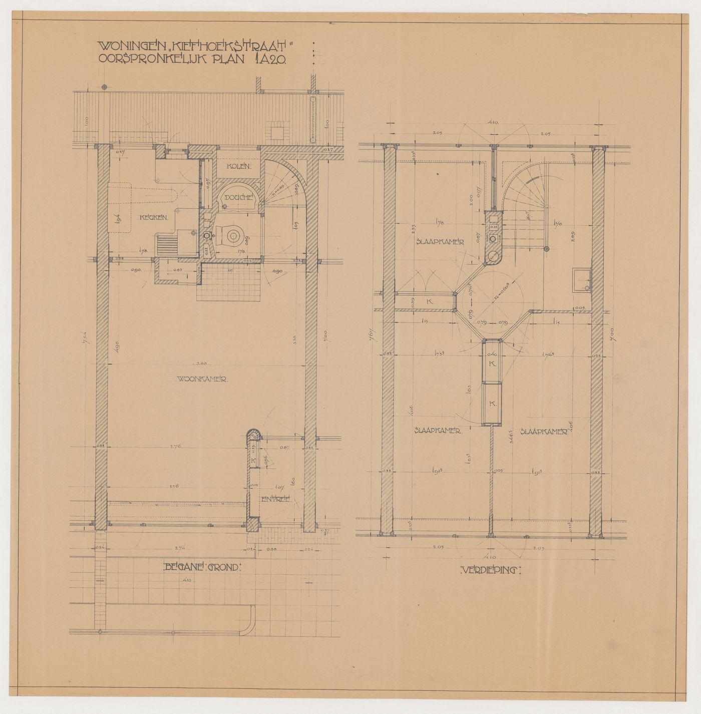 Ground and first floor plans for a housing unit for Kiefhoek Housing Estate, Rotterdam, Netherlands