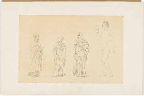 Drawings of three draped female statues and one drawing of a nude statue of Aphrodite holding a sandal, after a Hellenistic group sculpture dated ca. 100 B.C.