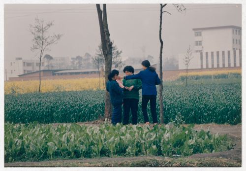 View of cultivated fields and three residents and a baby in rural Sichuan province, China