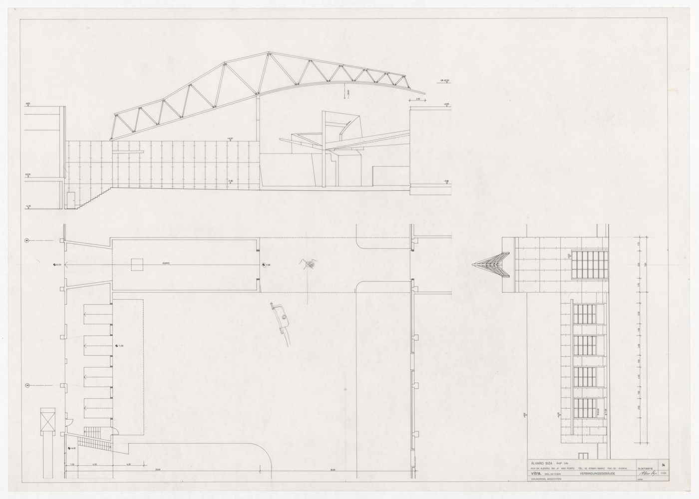 Floor plan, elevation, and section for Vitra International, Weil am Rhein, Germany