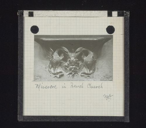 View of a misericord in a French church, France