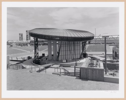 View of the Agora from backstage with the tiered seats and skywalk in the background, Port of Québec, Québec