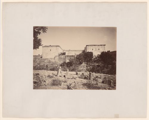 View of a section of the Theodosian Wall showing the Golden Gate and a building with cippi in the foreground, Constantinople (now Istanbul), Ottoman Empire (now in Turkey)