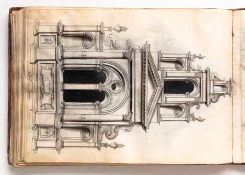 Design for a monumental dormer window on two levels framed by niches