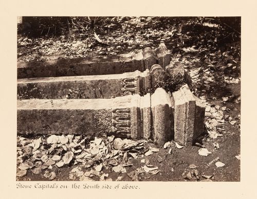 Close-up view of columns, Bodhi Tree (also known as the Bo Tree) Enclosure, Anuradhapura, Ceylon (now Sri Lanka)