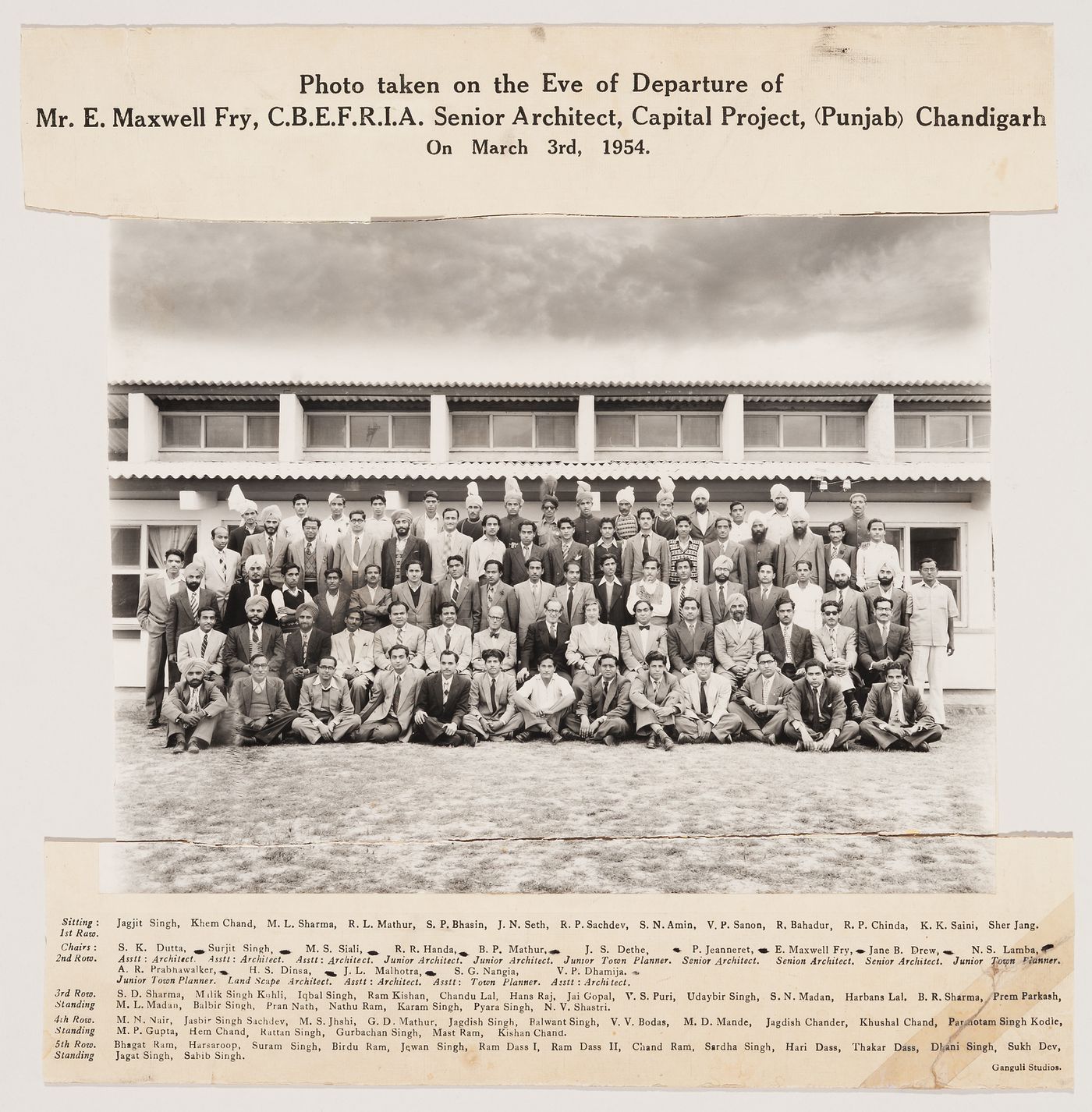 Photo taken on the eve of departure of Mr. E. Maxwell Fry, C.B.E.F.R.I.A. Senior Architect, Capital Project, (Punjab) Chandigarh on March 3rd, 1954