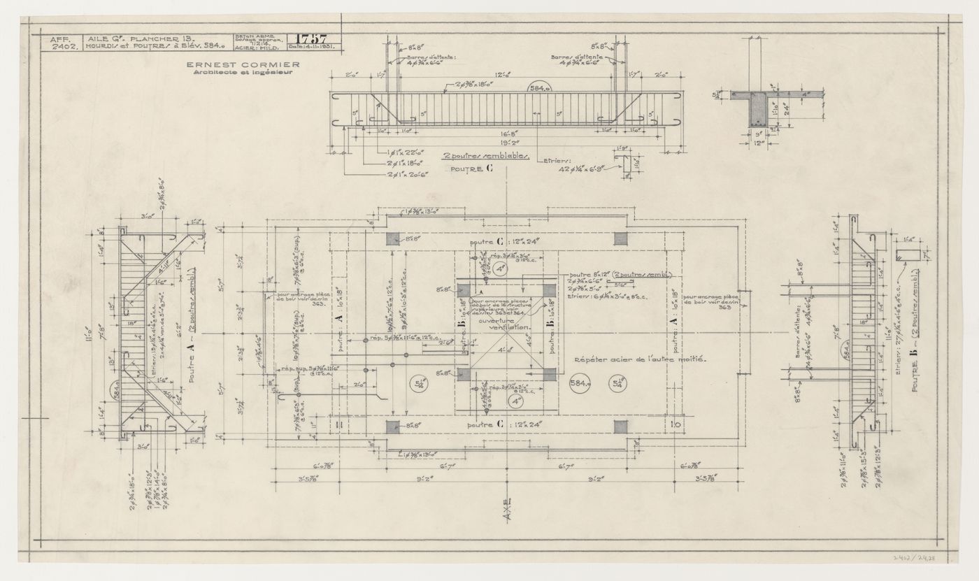 Détails des poutres et des hourdis d'un plancher de l'aile G, Pavillon principal et campus, Université de Montréal, Montréal, Canada (1924-1947)