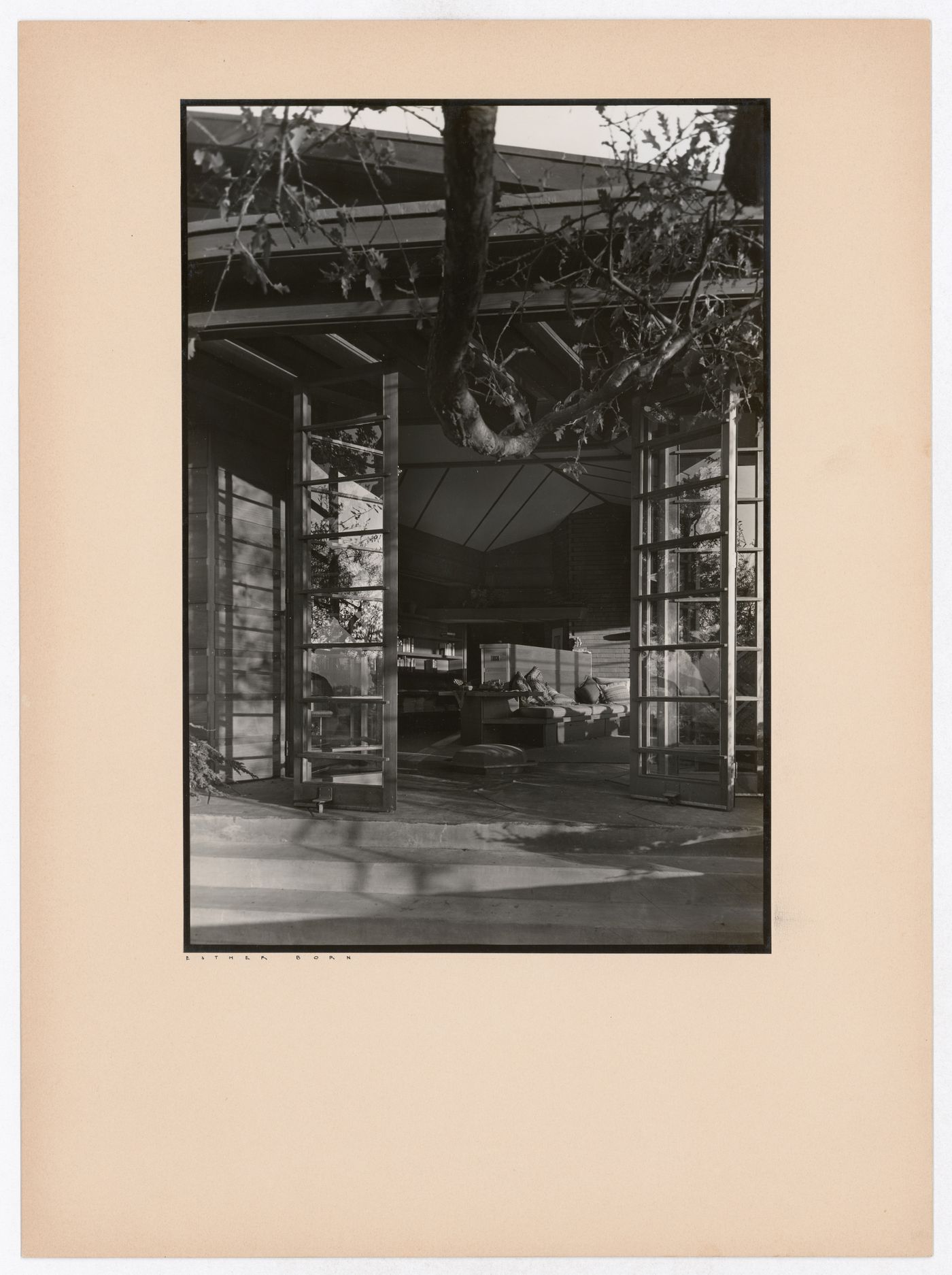 View of the Hanna House looking into the living room from the terrace, Palo Alto, California, United States