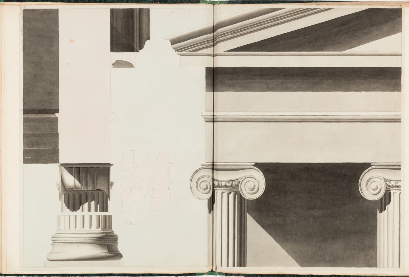 Elevations of an Ionic shaft, capital, and entablature; verso: Plan for ...