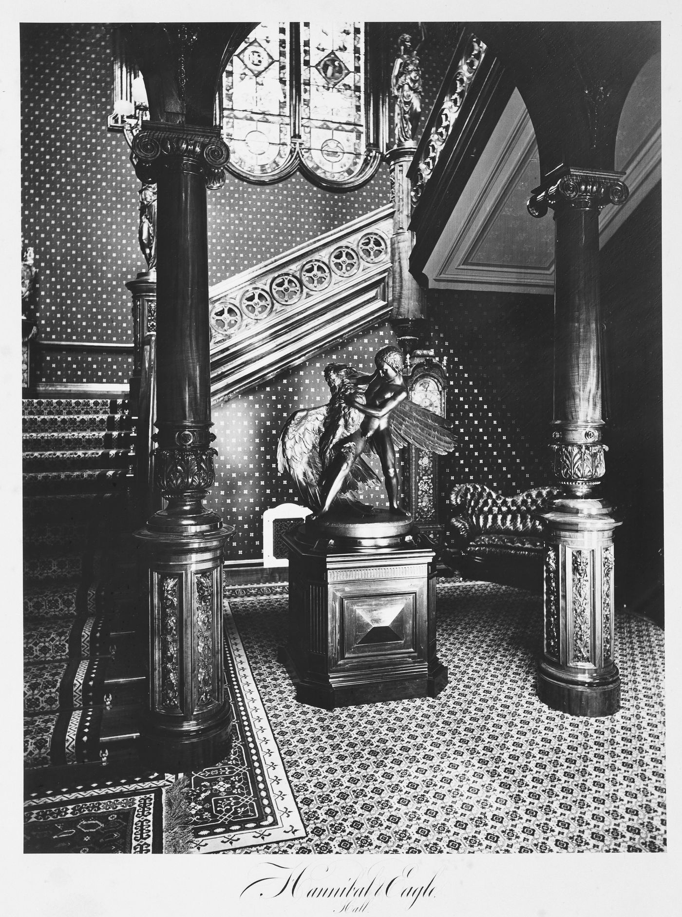 View of the hallway, stair, sculpture, Thurlow Lodge, Menlo Park, California