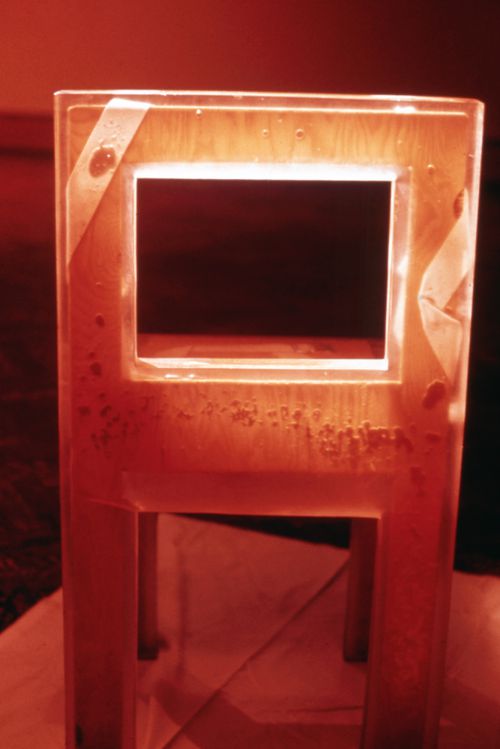 Slide of wearable chair installation at Minneapolis Institute of Art for performance Vestirsi Di Siede