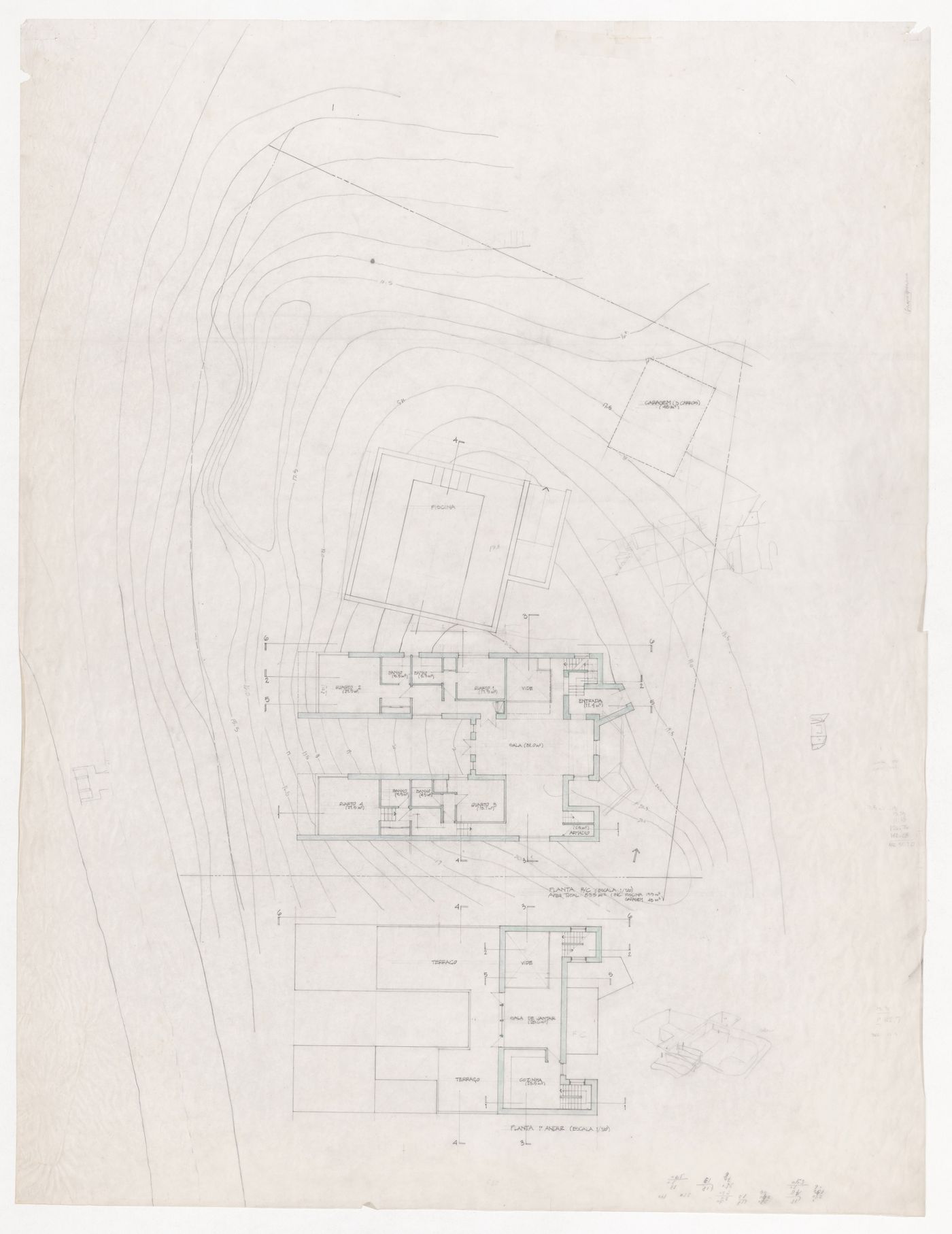 Plans and sketch axonometric views for Casa Pereira Ganhão, Tróia, Portugal