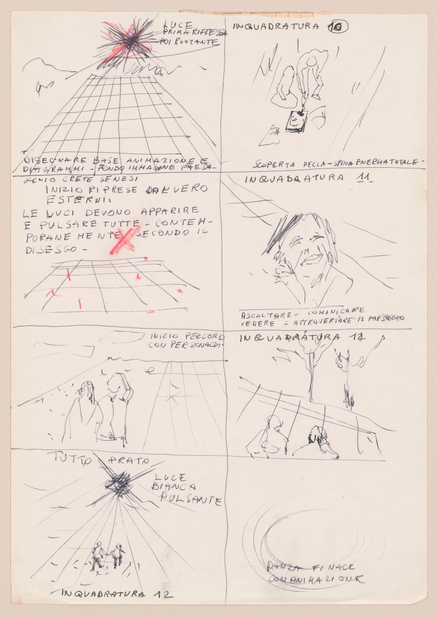 Page 11 of a storyboard describing filming locations and planning sketches of various scenes for Supersuperficie [Supersurface]
