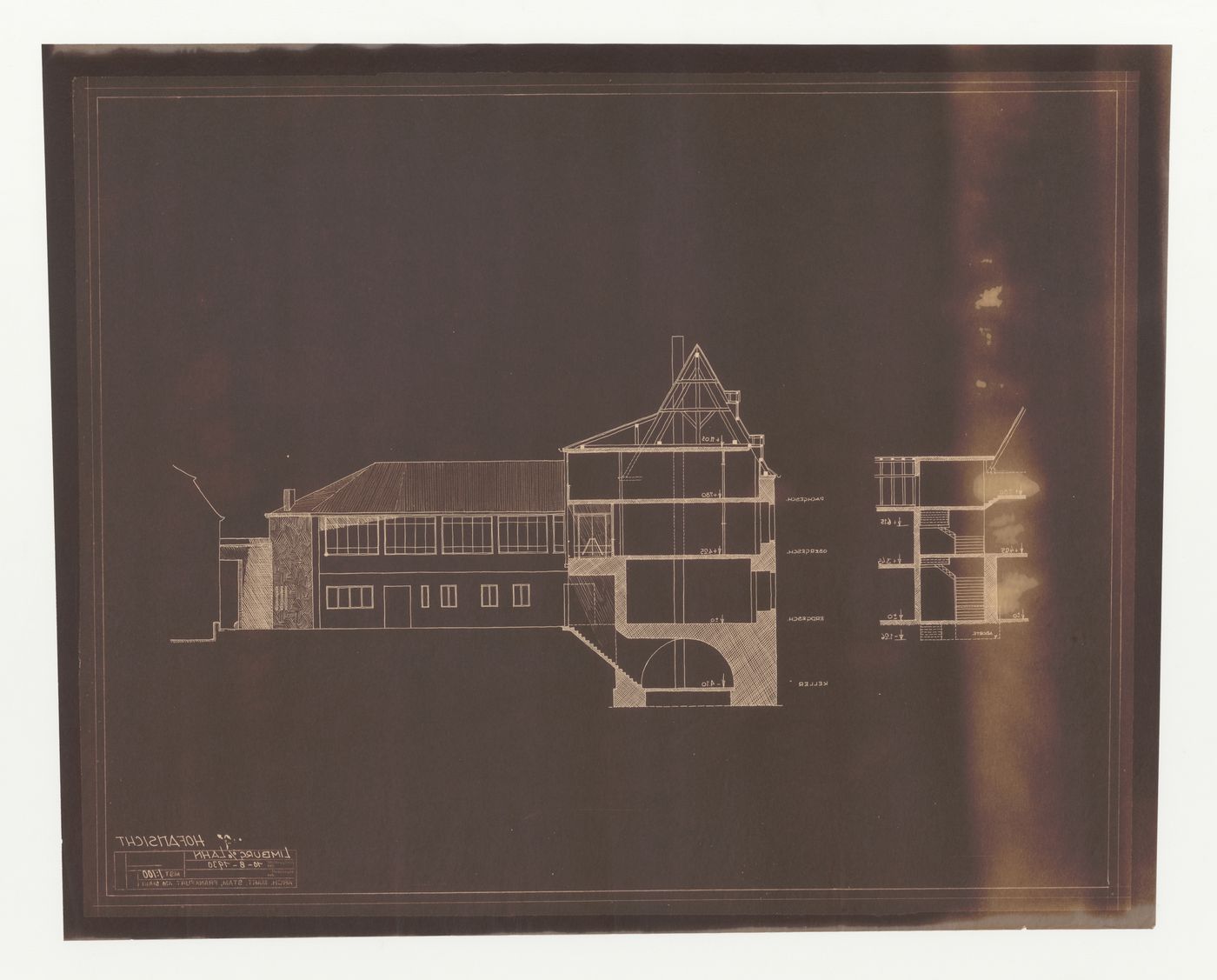 Section and sectional elevation for an addition to an existing building, possibly a school, Limburg an der Lahn, Germany