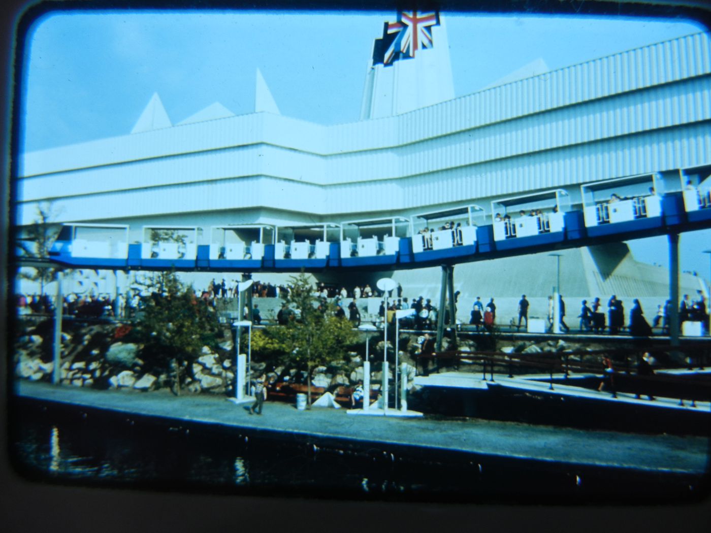 View of the Great Britain Pavilion with a minirail in foreground, Expo 67, Montréal, Québec