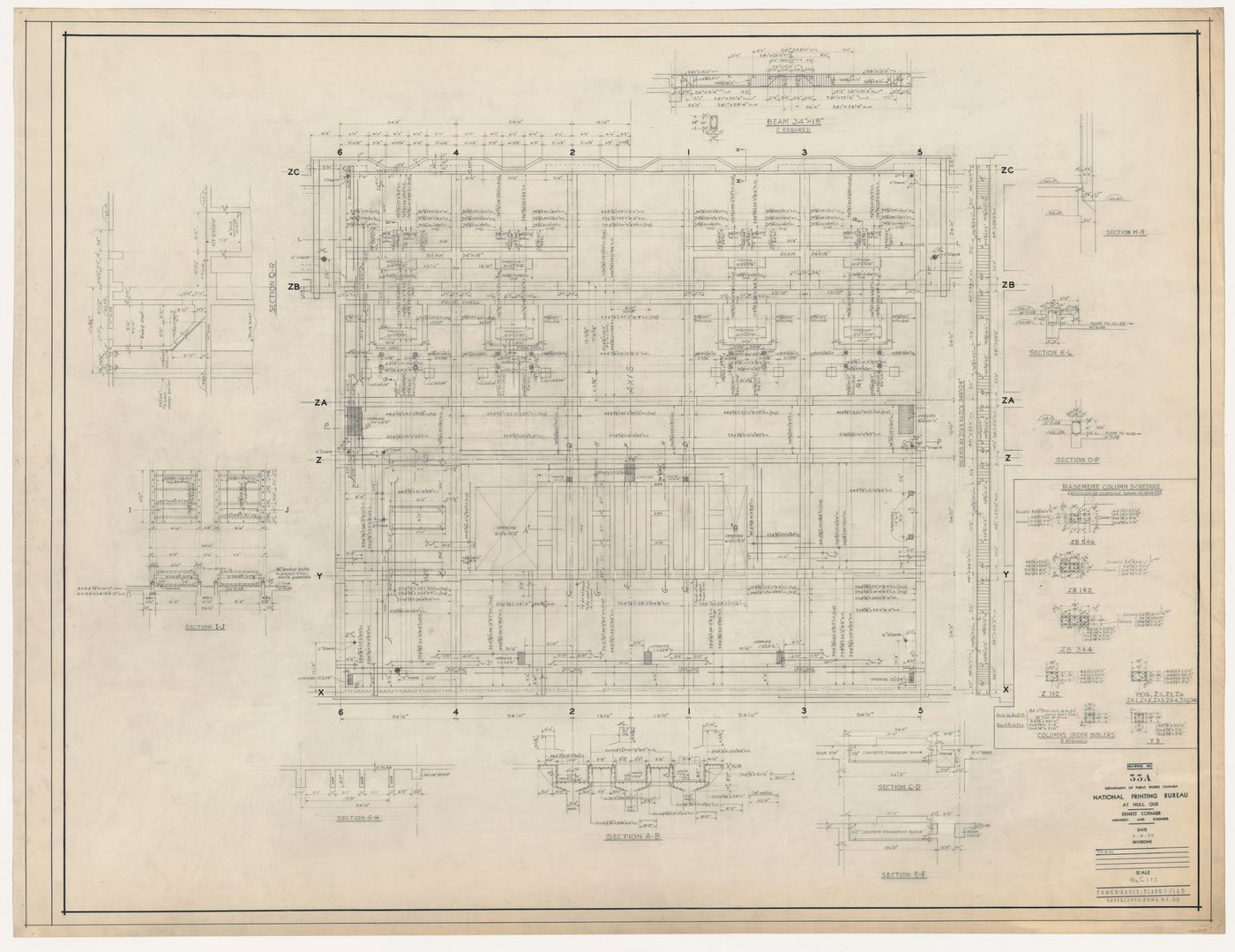 Coupes du plancher de la salle des machines et de l'étage 1, Imprimerie Nationale du Canada, Hull, Québec, Canada