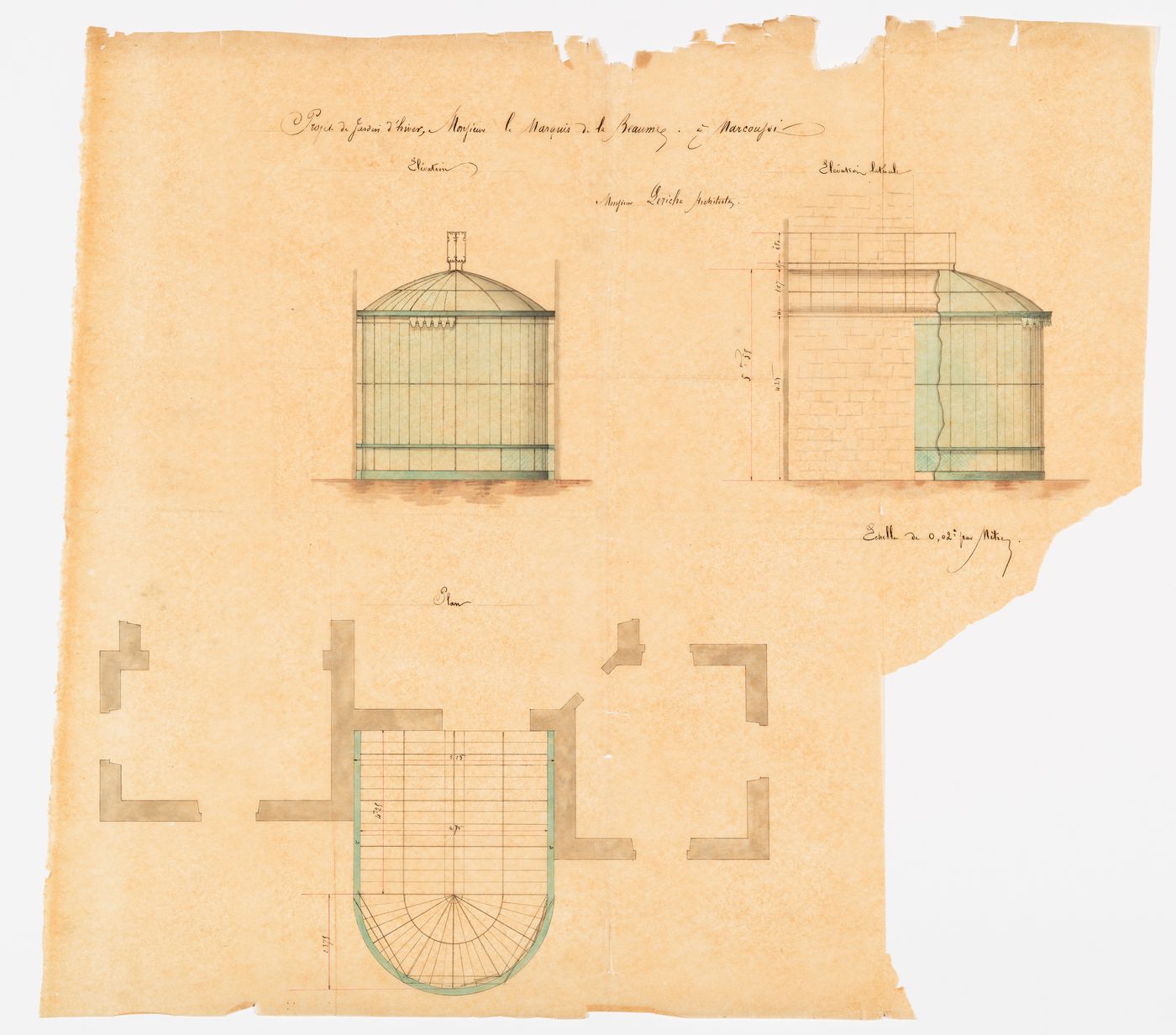 Château de Marcoussis: Elevations and plan for a winter garden