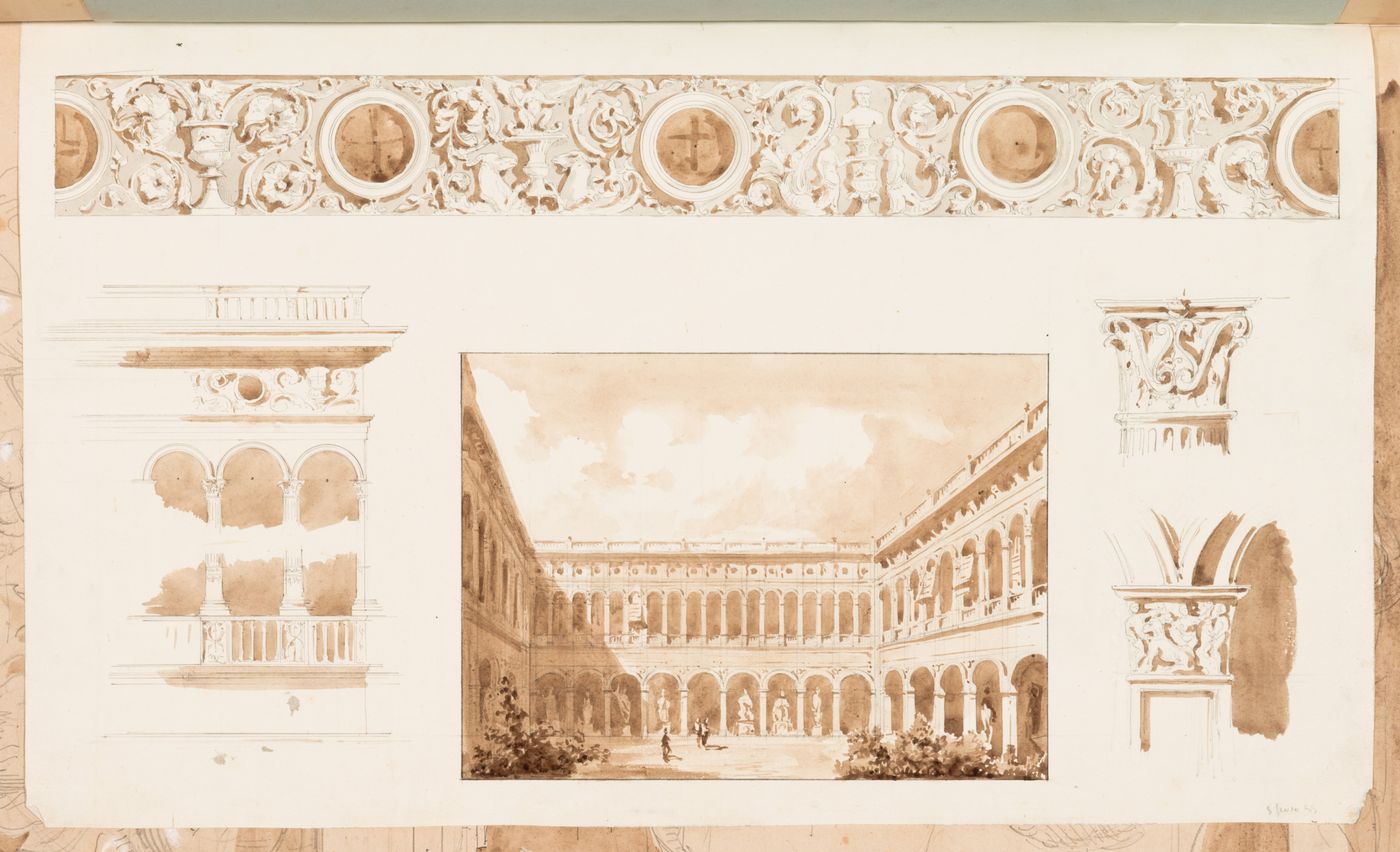 Perspective view of a two-storey building surrounding a courtyard, with elevations of the second storey arcade and frieze, and elevations of the capitals