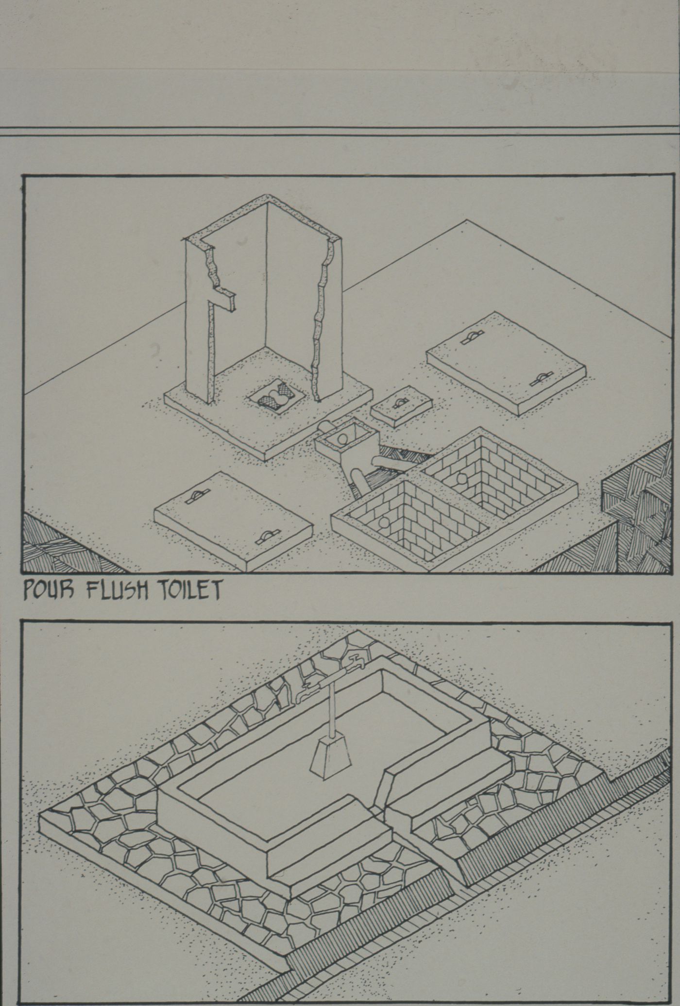 Axonometric view showing a pour flush toilet and a stand pipe for the Aranya Housing Project, Indore, India