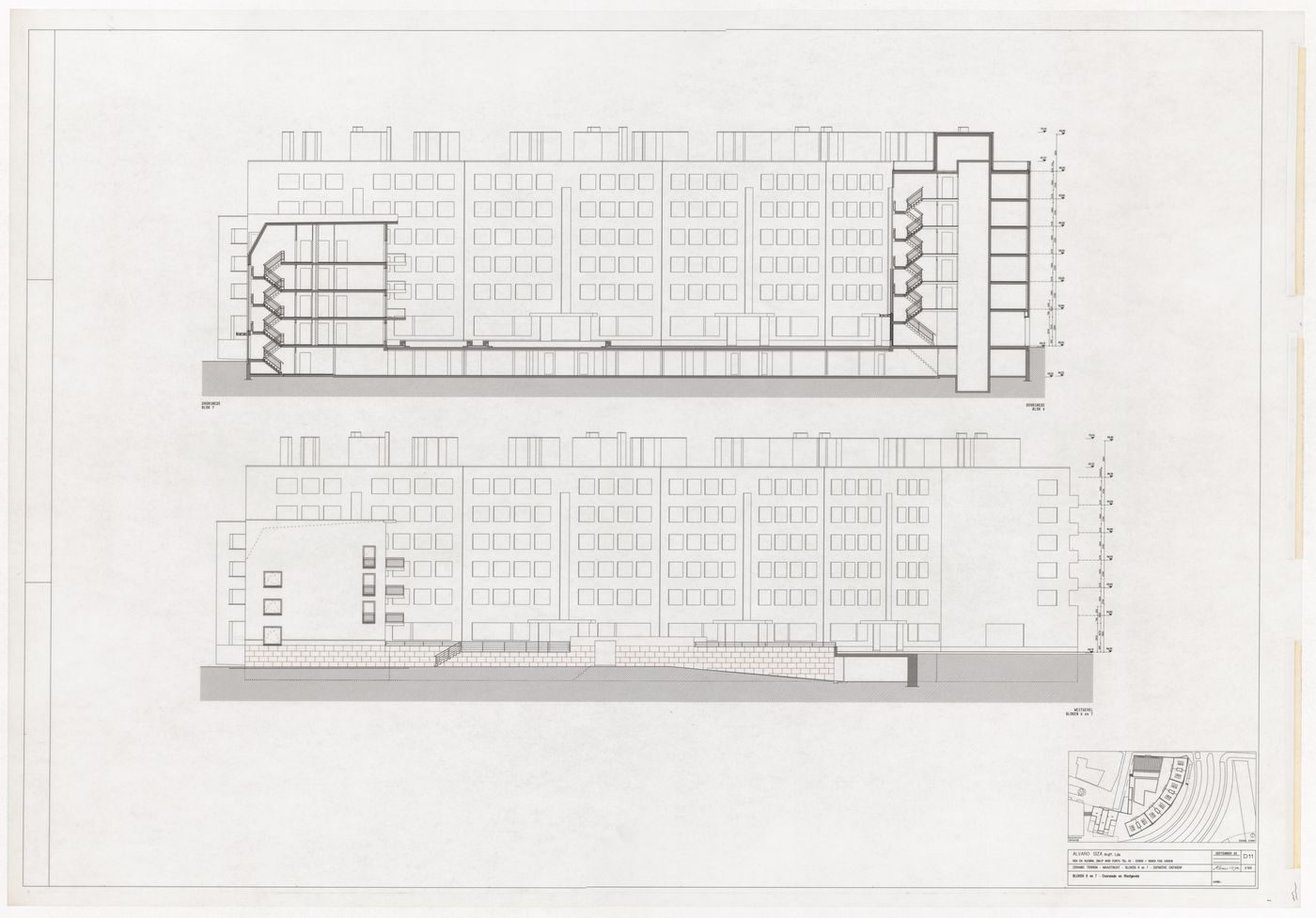 Elevations and section for Ceramique Terrein Blocos de habitação e escritórios, Maastrich, the Netherlands