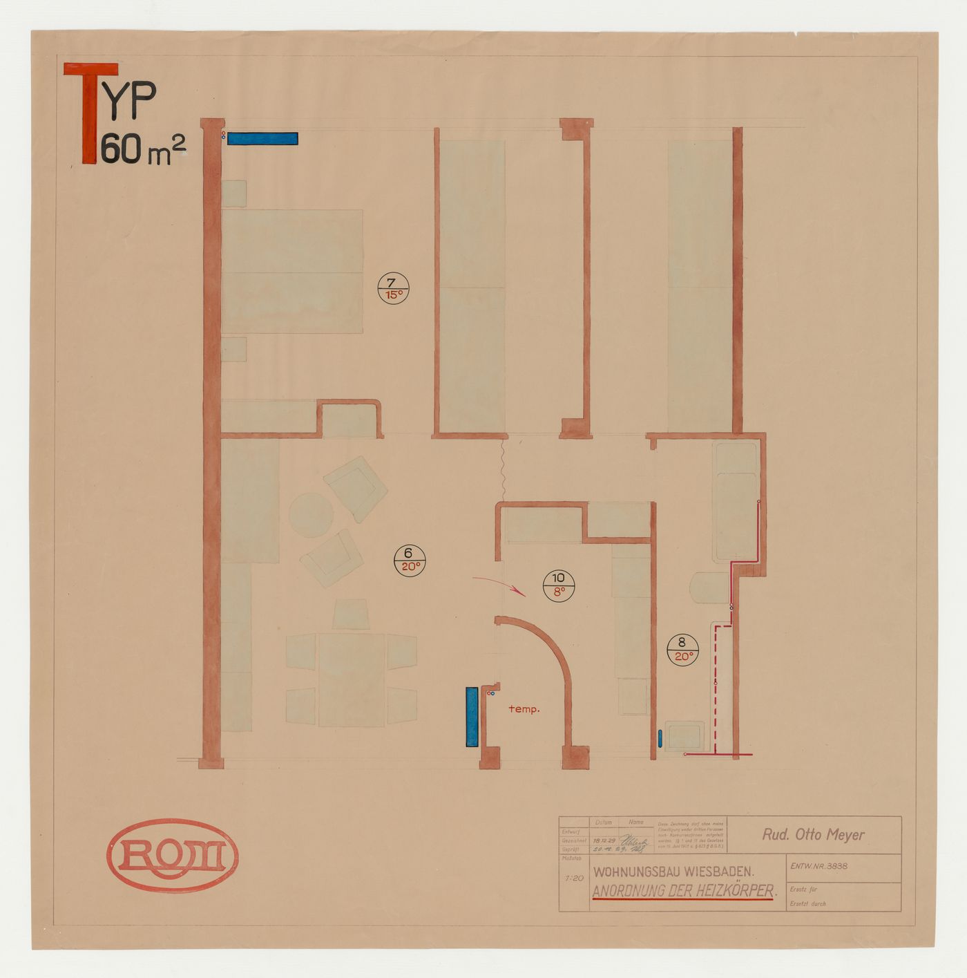 Plan for a housing unit showing radiator heating system, Wiesbaden, Germany