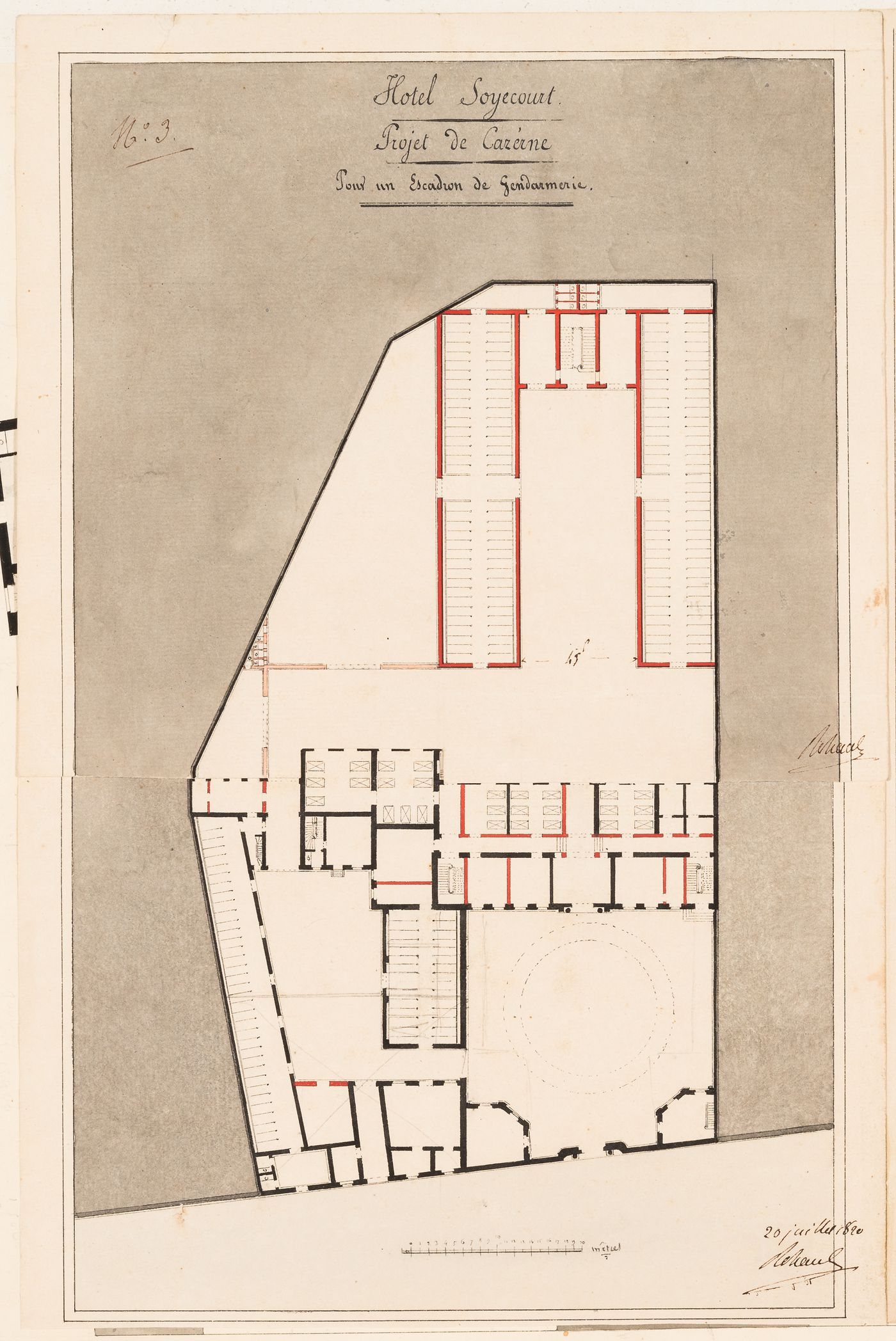 Project for the conversion of Hôtel Soyécourt, Paris, into barracks to house a squadron of gendarmes: Ground floor plan with an alternate design