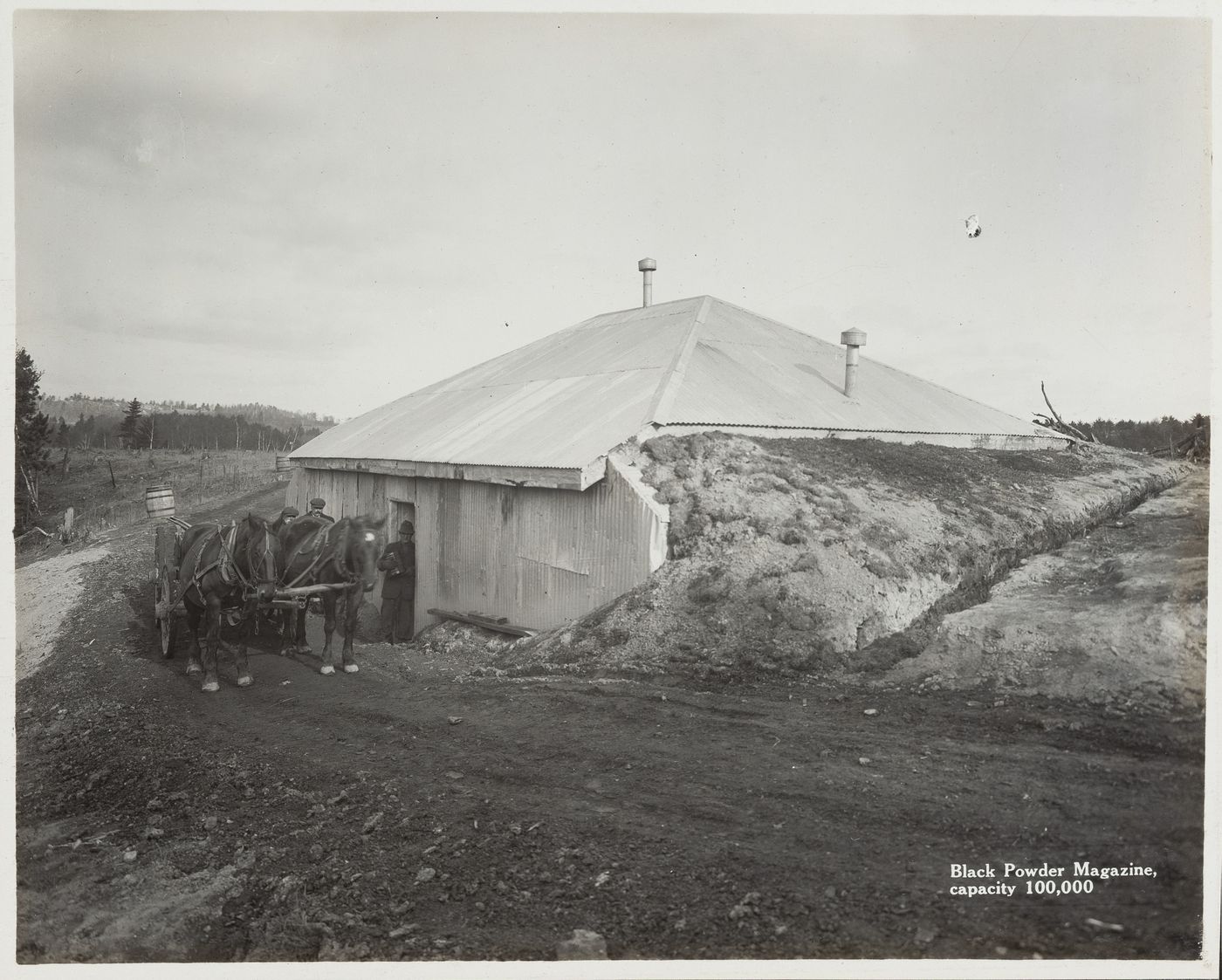 Exterior view of black powder magazine at the Energite Explosives Plant No. 3, the Shell Loading Plant, Renfrew, Ontario, Canada