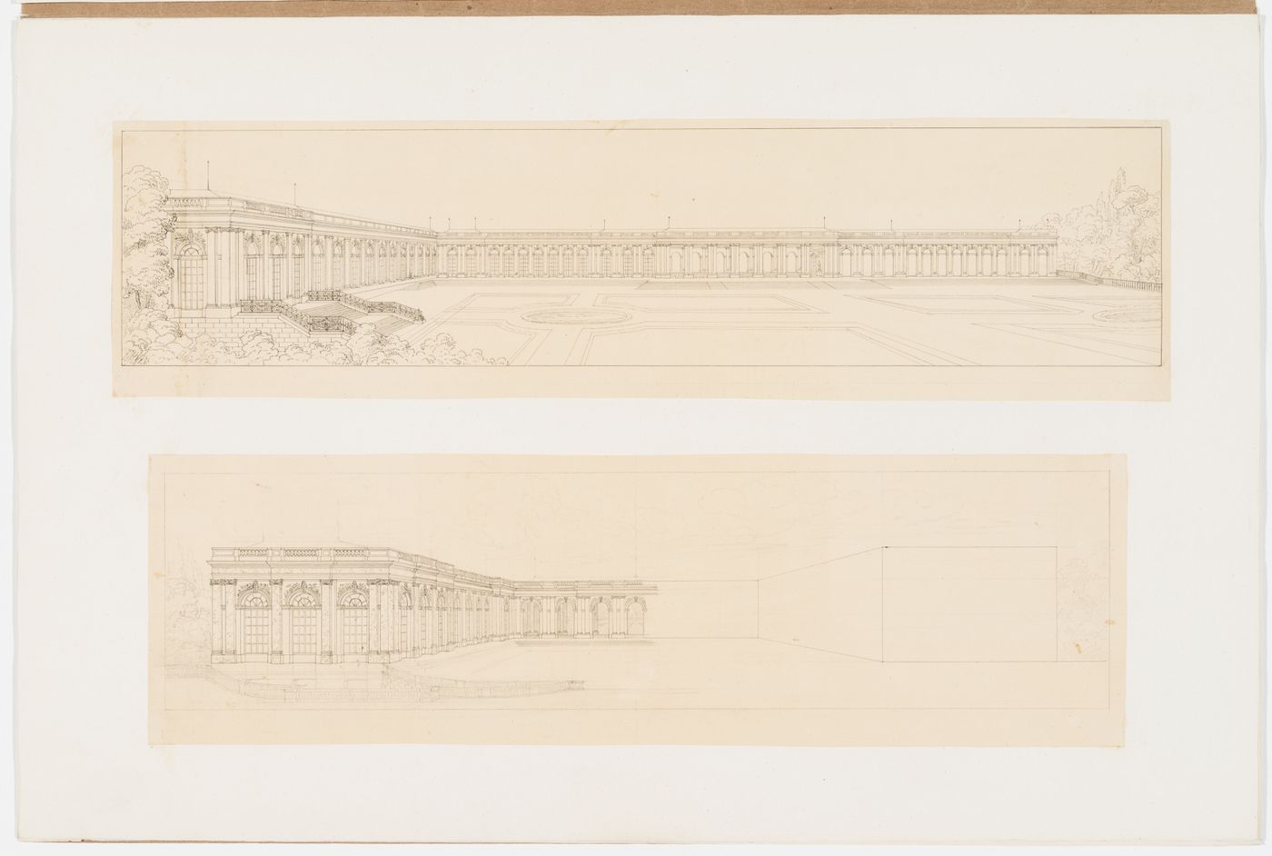 Exterior perspective of a courtyard and a building showing three different types of colonnades with one collonaded wing; Exterior perspective of a colonnaded building with two wings