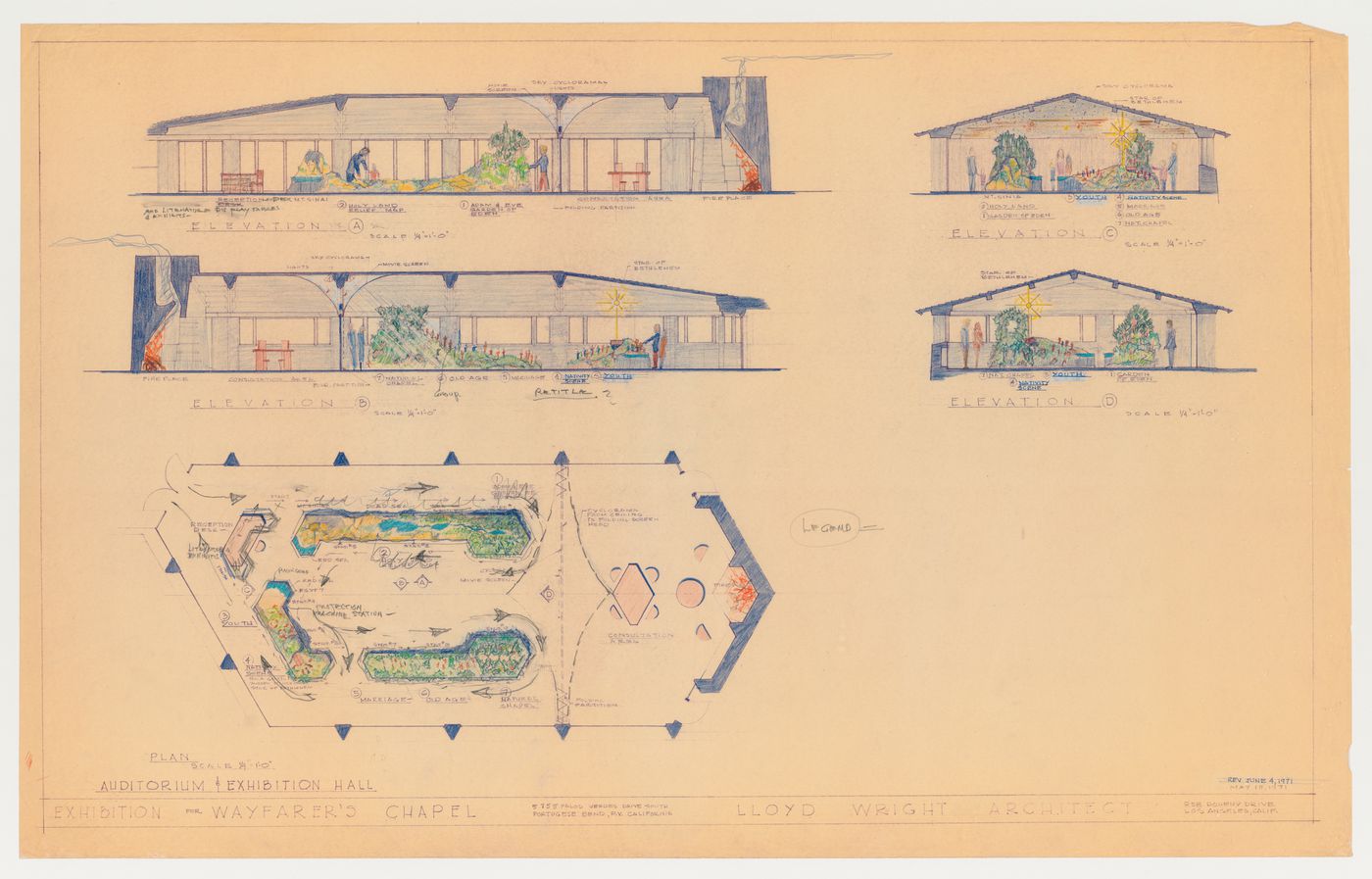 Wayfarers' Chapel, Palos Verdes, California: Plan, two longitudinal and two cross sections for the auditorium audiovisual exhibition