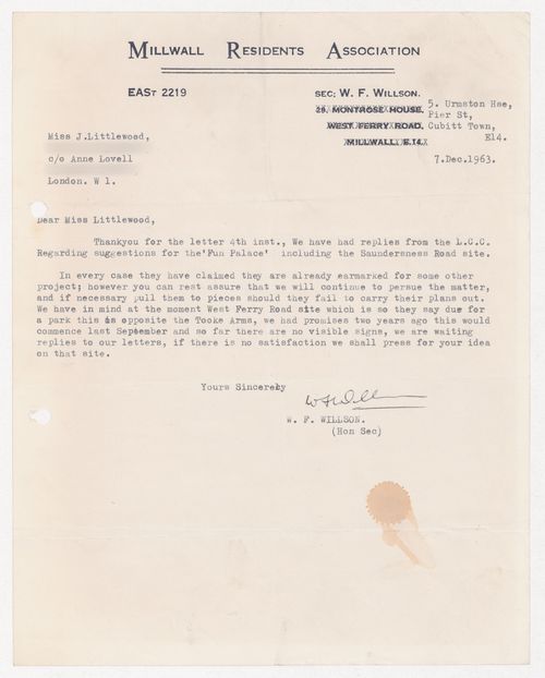Letter from W.F. Willson to Joan Littlewood regarding the Fun Palace Project