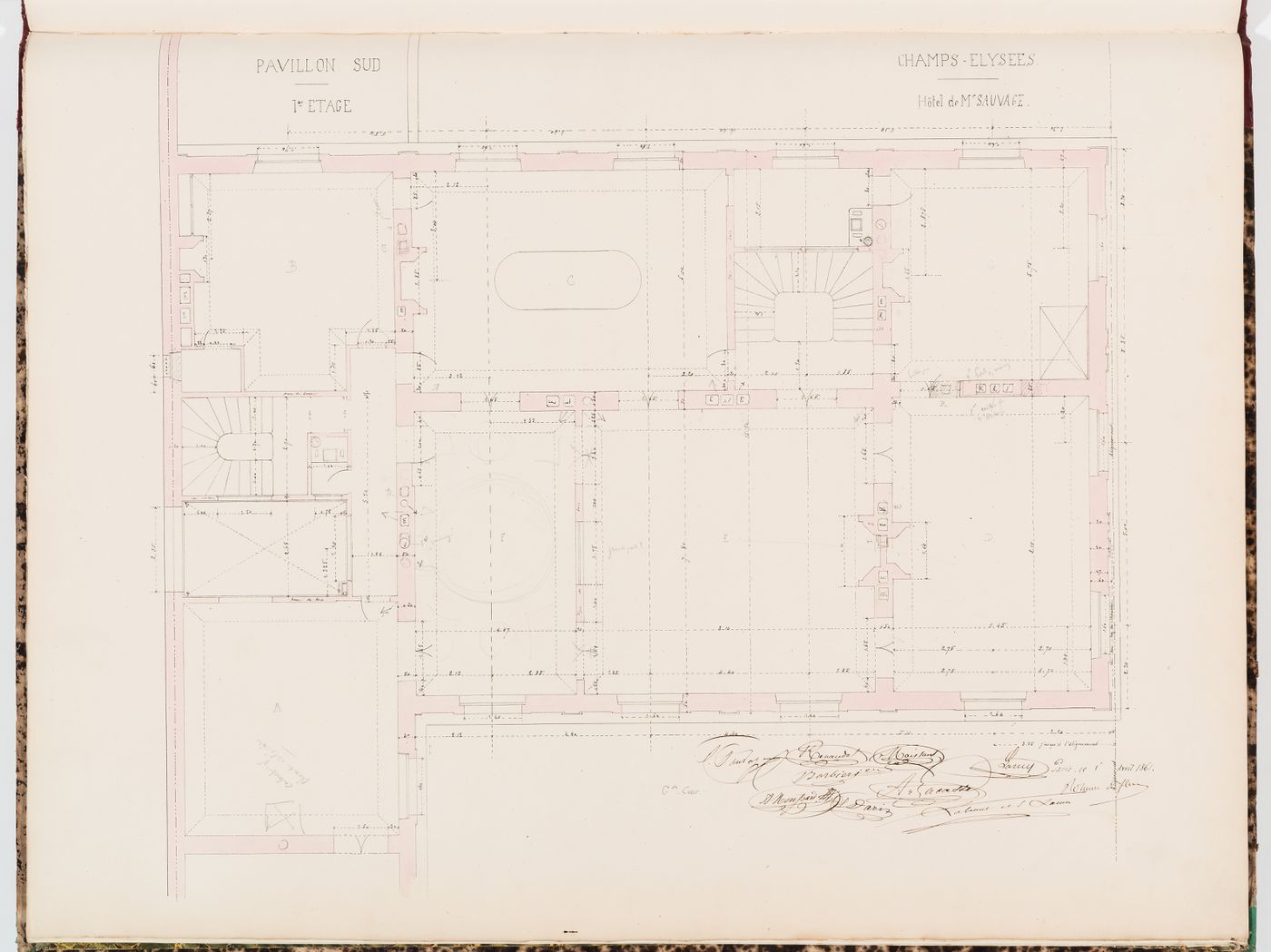 First floor plan for the "pavillon sud" for Hôtel Sauvage, Paris
