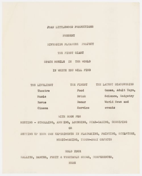 Text for a pamphlet describing the Fun Palace (3 sheets)