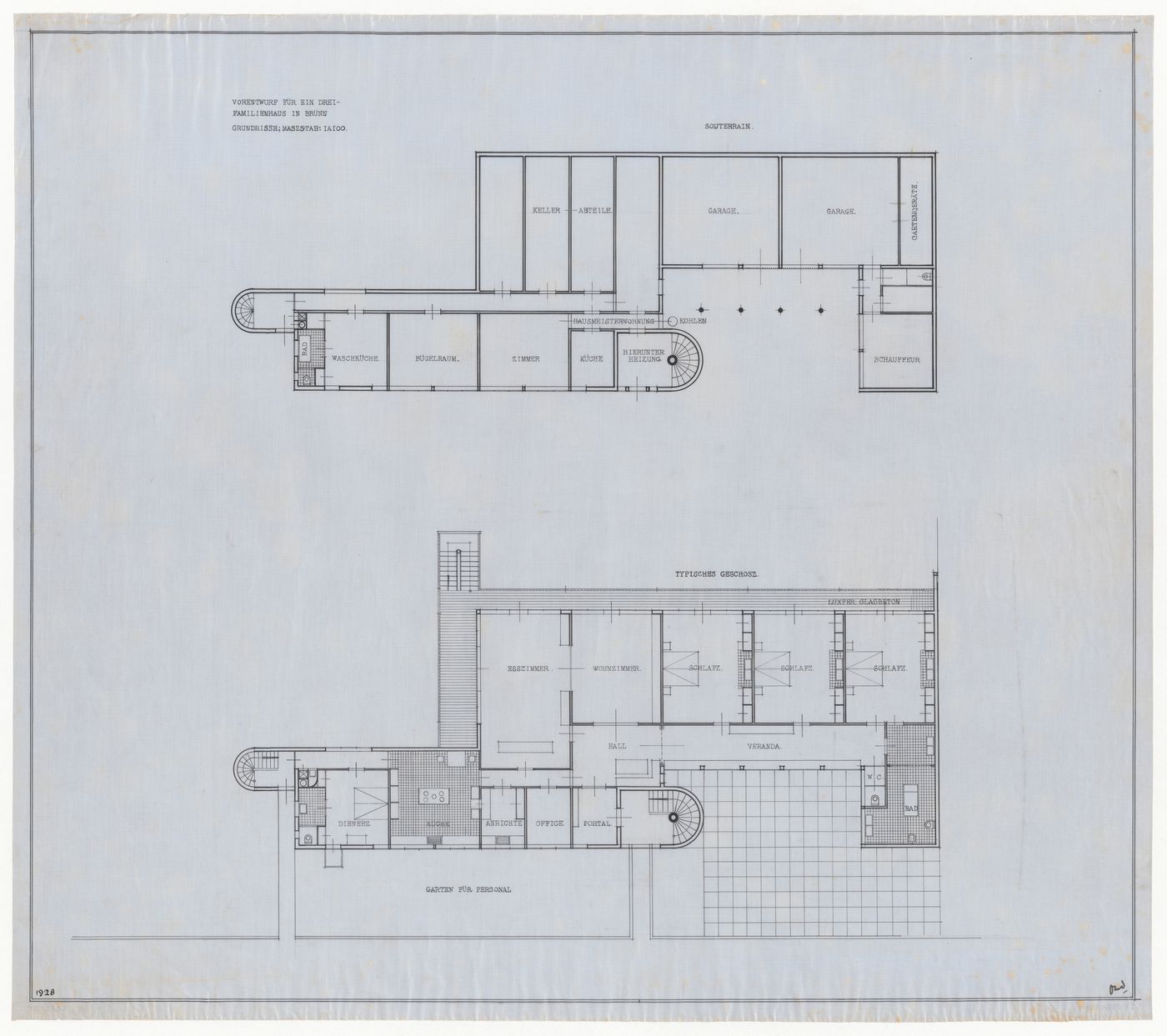 Basement and first floor plans for Three-Family House, Brno, Czechoslovakia (now Czech Republic)