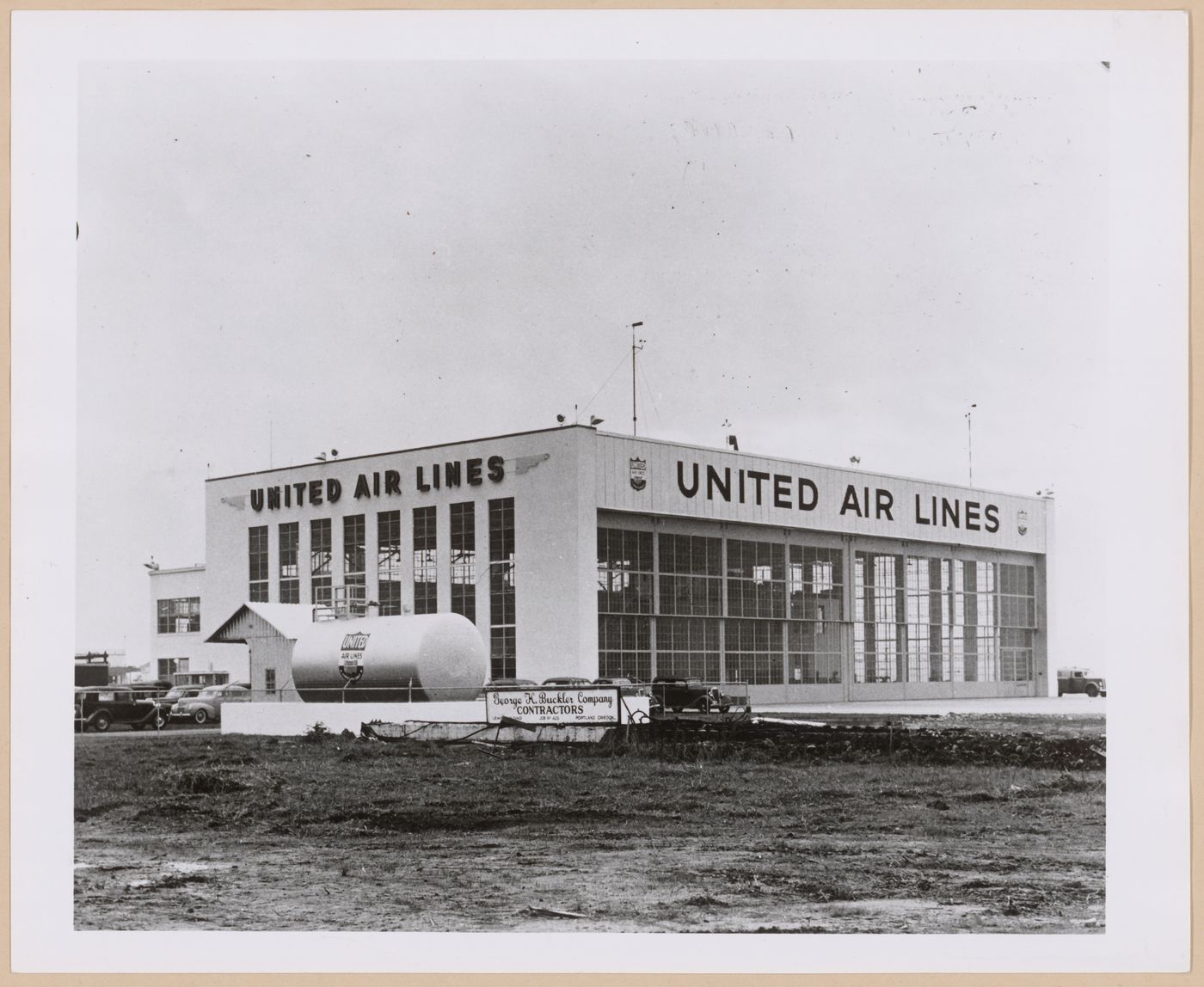 View of the principal and lateral façades of the Administration Building and Hangar, United Aircraft Corporation Assembly [?] Plant, Portland, Oregon