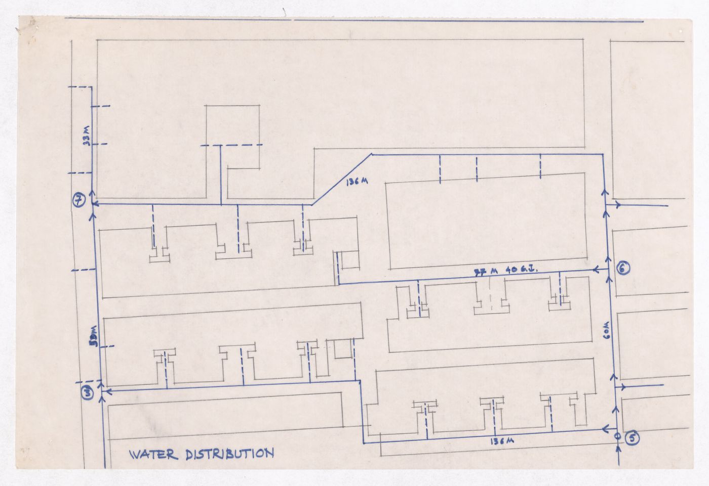 Sketch plan of plots showing water distribution for Minimum Cost Housing Group's plot in Aranya township, India, for Aranya Housing Project
