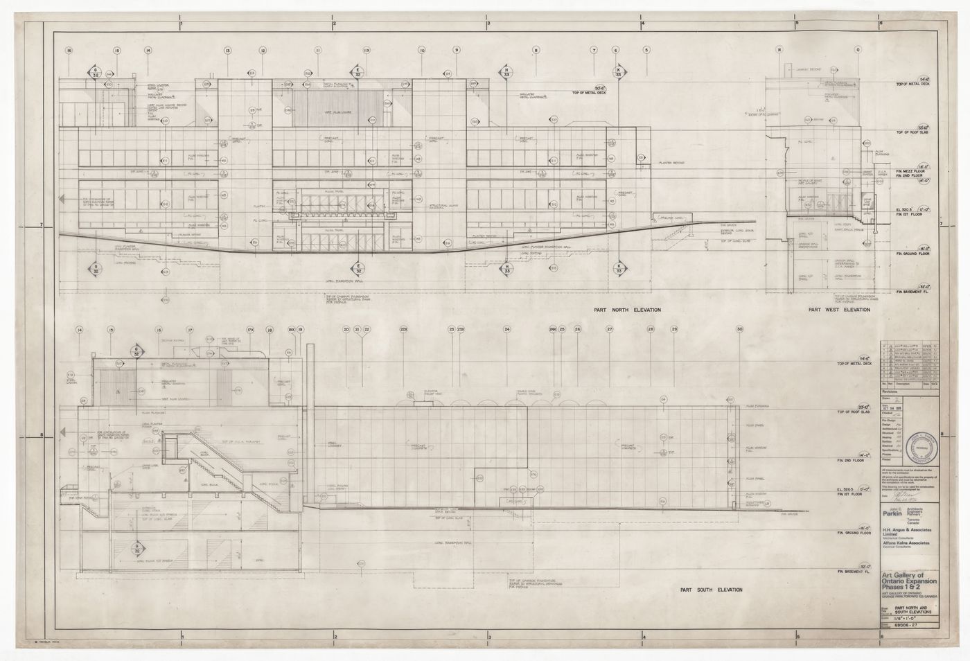 Part north and south elevations for Henry Moore Sculpture Centre, Art Gallery of Ontario, Stage I Expansion, Toronto