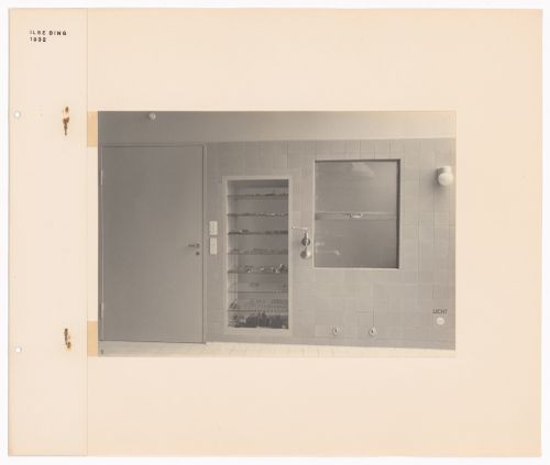 Interior view of an operating room in the Rothschildsches Krankenhaus [hospital] showing a pass through window, an instrument cabinet and surgical instruments, Frankfurt am Main, Germany