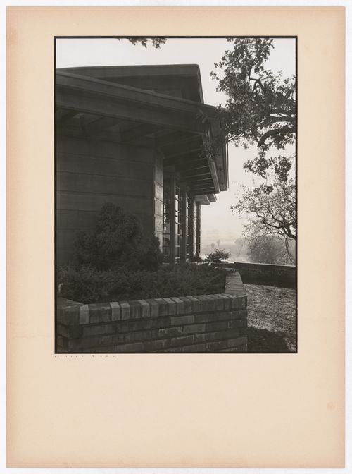 Partial view of the Hanna House showing windows and overhangs, Palo Alto, California, United States