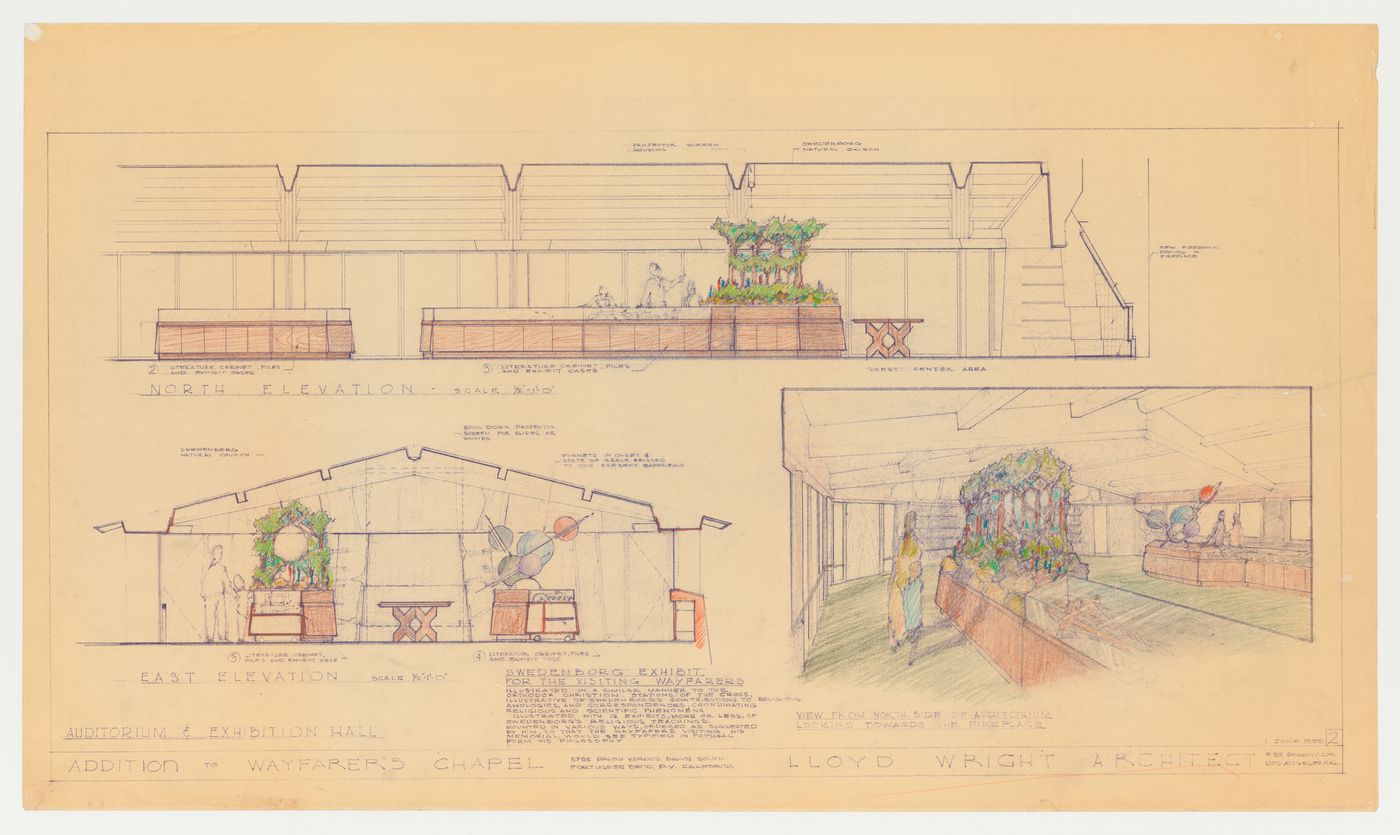 Wayfarers' Chapel, Palos Verdes, California: Perspective and north and east interior elevations for the auditorium audiovisual exhibition