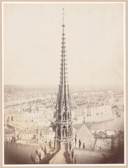 Spire of Notre Dame and view from the west of city towards the east, Paris, France