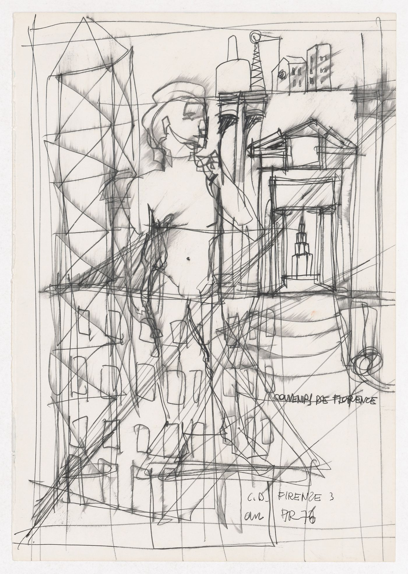 Sketch elevation with a sketch of a statue of David and perspective sketch for Centro Direzionale, Florence