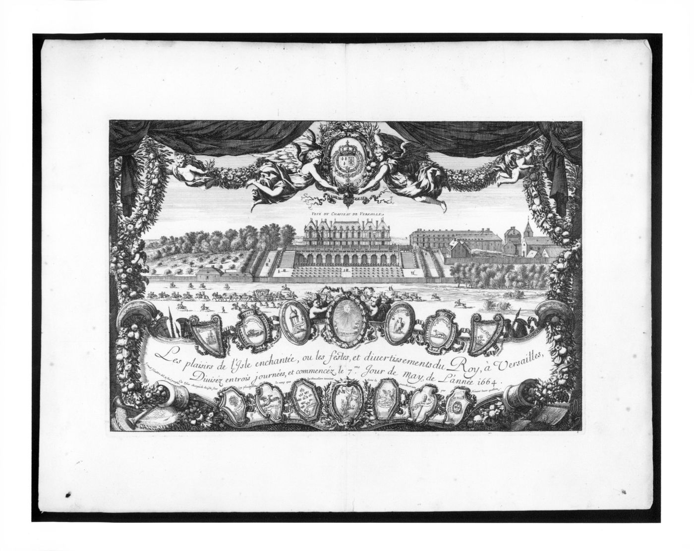 Title-plate, with view of Versailles and coats-of-arms