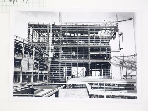 View of construction of steel structure for power station, United Kingdom