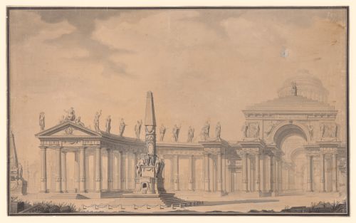 Arc monumental précédé d'une colonnade semi-circulaire et d'un obélisque