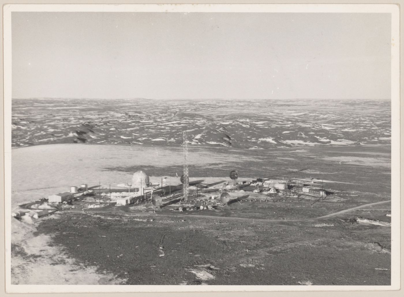 Aerial view of DEW Line radar station BAR-3, Tuktoyaktuk, Northwest Territories, Canada